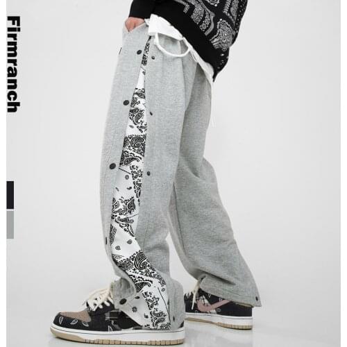 Firmranch New 2021 Men High Street Paisley Print Side Button Sportpants Men Sweatpants Baggy Sportpants Women Stacked Trouser