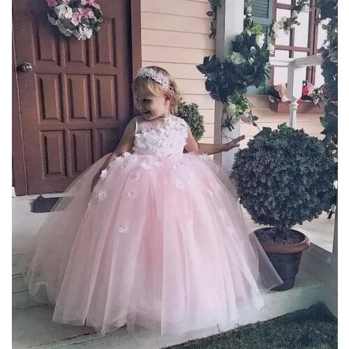Infant Girls Clothes 3D Flowers Ball Gown Flower Girl Dress for Wedding O Neck Long Baby Girl Birthday Party Dress