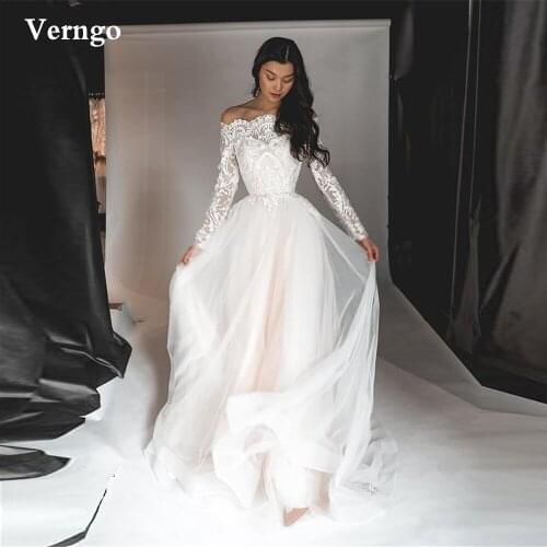 Verngo Elegant A Line Lace Long Sleeves Wedding Dress Boat Neck Tulle Country Bridal Dresses Sweep Train Vestido de noiva