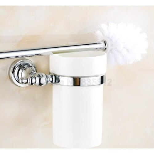 Polished Chrome Bathroom Toilet Brush Set Holder Brush + Ceramic Cup Wba906