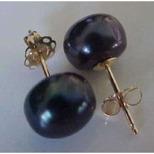 Free shipping stunning A pair of natural 11-12mm tahitian black pearl earring 14k/20 yellow Gold