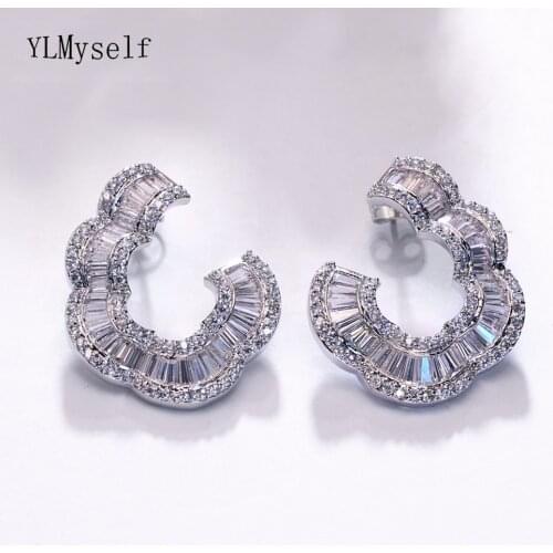Luxury Curve Shape Jewelry Big Stud Earrings Trendy White/Gold-Color Shiny CZ Crystal Large earrings for Women