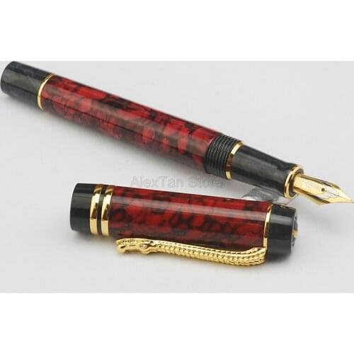 Crocodile Exquisite Marble Celluloid Fountain Pen 22KGP Medium Nib Writing Gift Pen, Rose Red Barrel With Crocodile Clip