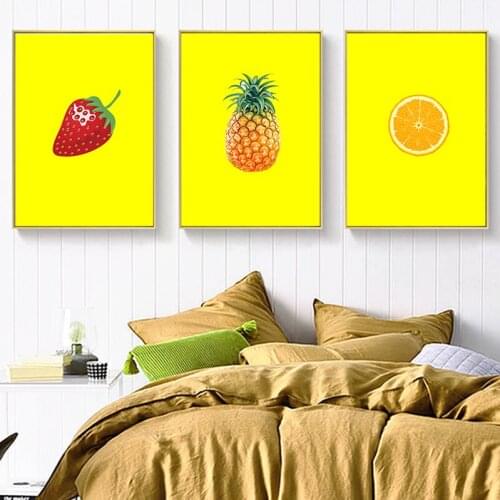 Nordic Fruits Canvas Painting Yellow Background Pineapple Strawberry Lemon Posters Wall Art Pictures Nursery Dining Room Decor