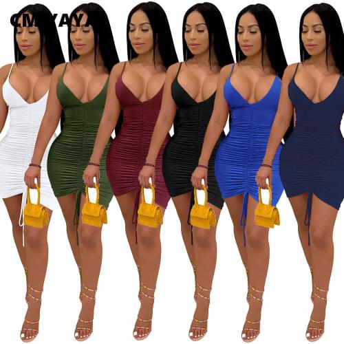 CM.YAYA Women Dress Solid Sleeveless Spaghetti Strap V-neck Shirring Sheath Elastic Mini Dresses Sexy Night Club Dress Summer