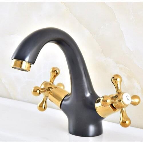 Bathroom Faucet Black & Gold Double Cross Handles Bathroom Basin Faucets Deck Mount Bathbasin Vanity Mixer Taps Nnf479
