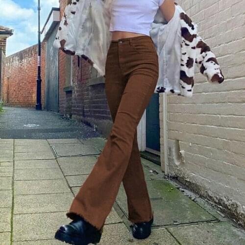 Vintage Basic Brown Y2K Denim Jeans Women Streetwear Harajuku Stretch Flare Pants Joggers Cotton Trousers Fashion