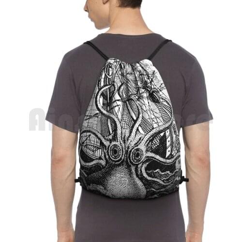 Vintage Kraken Attacking Ship Illustration Backpack Drawstring Bag Riding Climbing Gym Bag Sea Monster Kracken Giant Squid