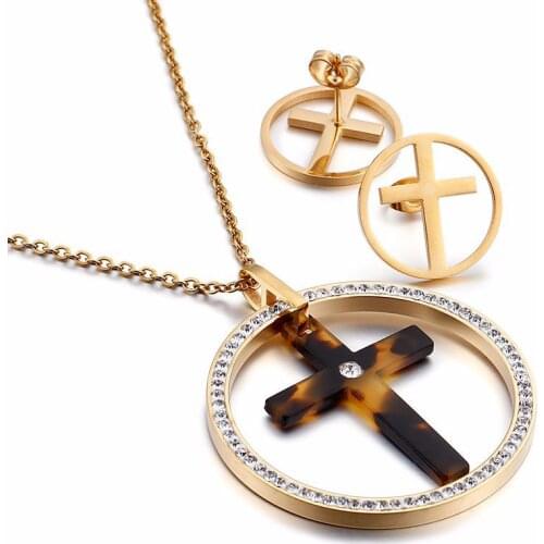 Vintage steel golden cross female Pendants Necklance and Earrings Jewelry set