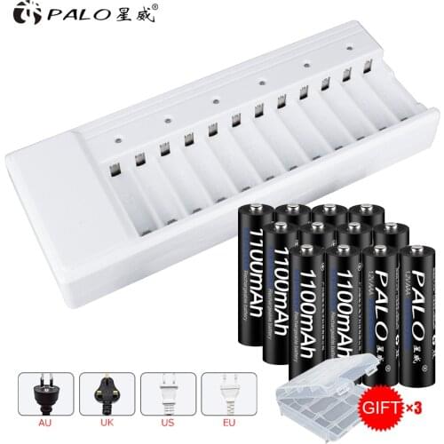 Battery Charger For AA/AAA NiCd NiMh Rechargeable Batteries with 12 Slots LED Display+12pics AAA 1100MAHReachargable Batteries