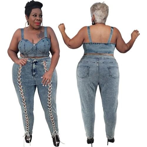 Women double row eyelet drawstring jeans pale lace up demin women trendy