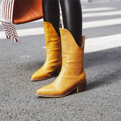YMECHIC Winter 2019 Yellow Western Boots Cowboy Boots Women Block High Heels Womens Shoes Pointed Toe Block High Heels Bootie