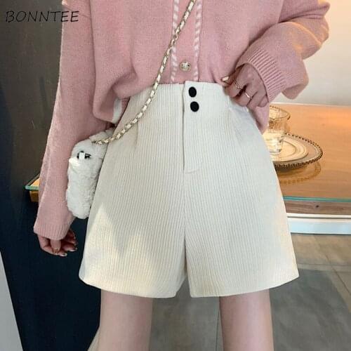 Shorts Women Button Fly Corduroy Wide-leg High Waist Autumn Retro Loose Trousers Simple Fashion Casual Chic Ulzzang A-line Ins