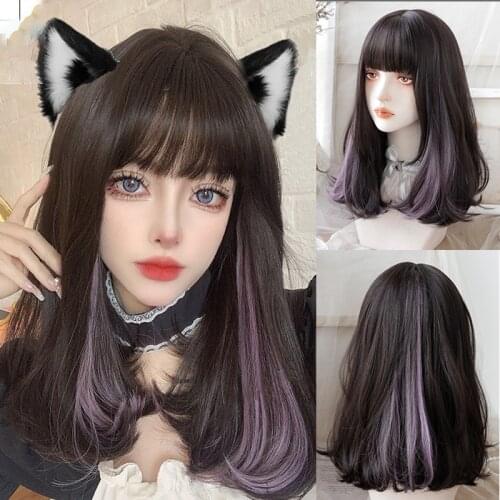 Wig female mid-length wig air bangs natural black/brown long straight highlighting blue synthetic heat-resistant wig