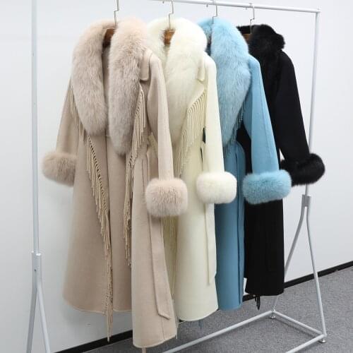 Long Cashmere Coat Spring Ladies Elegant Tassel Wool Blends Jackekt Furry Fox Fur Collar Cuff Korean Fashion Womens Trench Coat