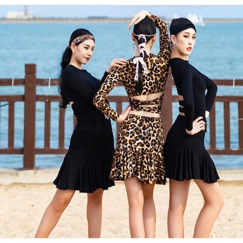 New Latin Dance Dress Women Adult Long Sleeve Leopard/Black Practice Clothing Rumba Tango Samba Cha Cha Dance Costume DWY6302