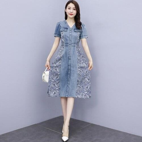 Elegant Floral Denim Vestidos V-neck Dress 2021 Women High Waist Stitching Chiffon Slim Loose Shirt Dresses Streetwear