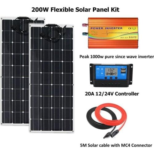 200W flexible Solar Panel Kit with peak 1000w pure since wave inverter:200W Solar Panel, PWM 20A LCD Controller Off Grid System
