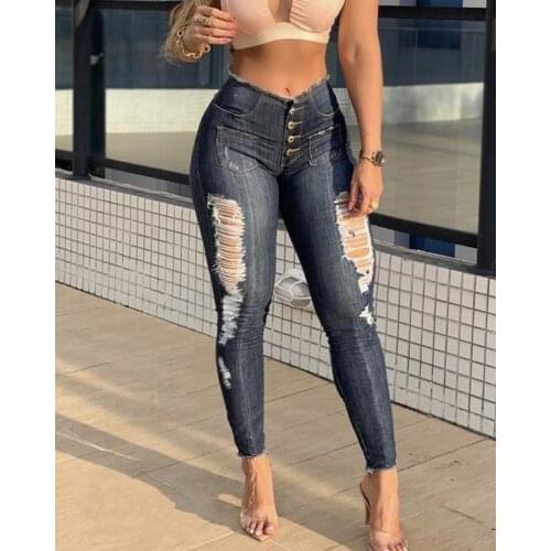 2020 Women Fashion Ripped Denim Woman Solid Casual Skinny Jeans Oversize Plus Size Spring Ripped Jeans Slim Fit Distressed Jeans