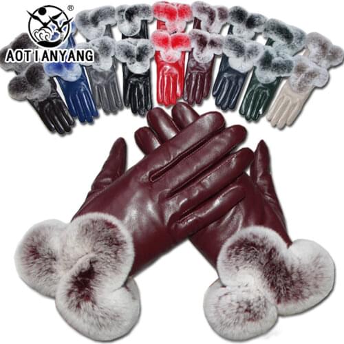 AOTIANYANG Real Sheepskin Gloves female warm leather gloves autumn and winter cold protection Rex rabbit touch screen Genuine