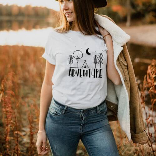 Adventure with tree moon star graphic print t shirt Funny 100%Cotton Camping Shirt adventure life tee hiking tops new arrival