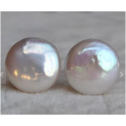 Perfect Pearl Jewelry,AAA 14MM White Color Coin Shape Real Freshwater Pearl Earrings,Huge Pearl Jewelry,Wedding Earring