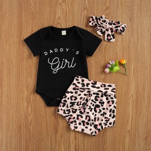 Infant Baby Girl Clothes Set Short Sleeve Romper+Shorts+Bow Headband Leopard Print Daddy' Girl Summer Clothing