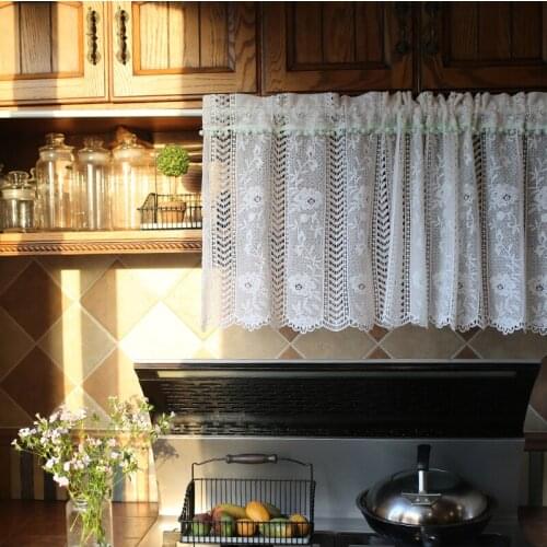DUNXDECO Short Curtain For Kitchen Door Half Cortinas Fresh Simple Vintage White Lace Romantic Green Little Balls Rideau Decor