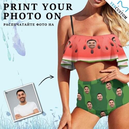YesCustom Face Watermelon Green Pink Ruffle Top Bathing Suit Swimsuit Personalized Bikini Set Backless Party Pool Swimwear Beach
