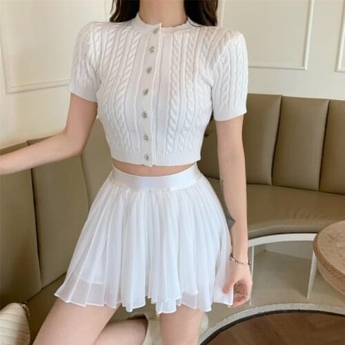 Summer Korean Fashion Casual Two Piece Set Women Knitted Sweater Cardigan Crop Top + Pleated Skirt Suits Ladies Sweet 2pcs Set