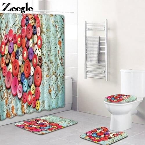 Bath Mat and Flannel Shower Curtain Set Waterproof Home Shower Curtain Polyester Bathroom Valentines Day Style Carpets Set