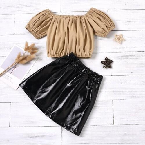 Girls Clothes Summer Sets Solid Color Lantern Sleeve Off Shoulder Pullover + Leather Skirt Baby Clothes Girls Set