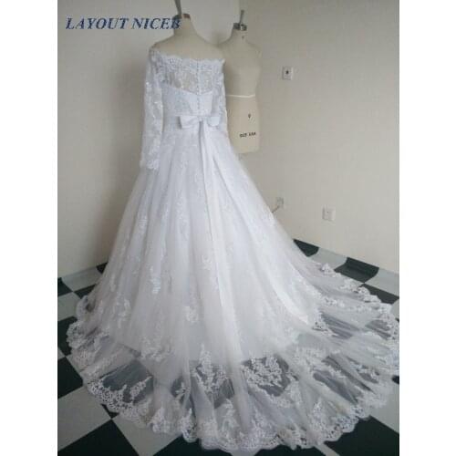 Real Image 2017 Long Sleeve Lace Wedding Dress Hot Sale Beaded Ball Gown Boat Neck Vestido De Noiva Robe De Mariage Bride Dress