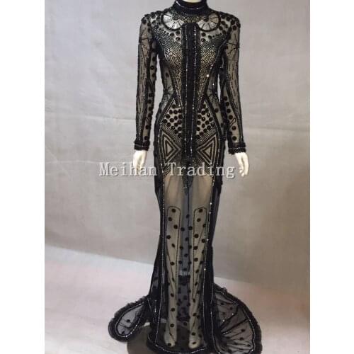 Luxury Black Rhinestones Lace Long Dress Sparkly Sexy Stage Wear Long Dresses Crystals Costume Prom Birthday Celebrate Dresses