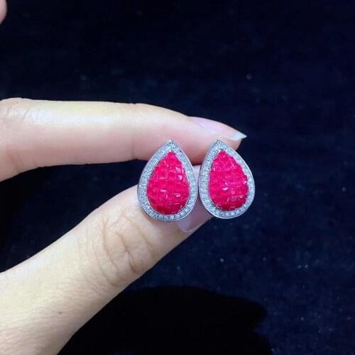 Cubic zircon stud earring tear drop shape blue rose red color fine jewelry 925 sterling silver classic