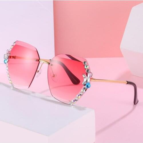 Crystal Luxury Vintage sunglasses women Brand Designer Oversized sunglasses Female sun glasses for lady Rimless Pink Shades UV