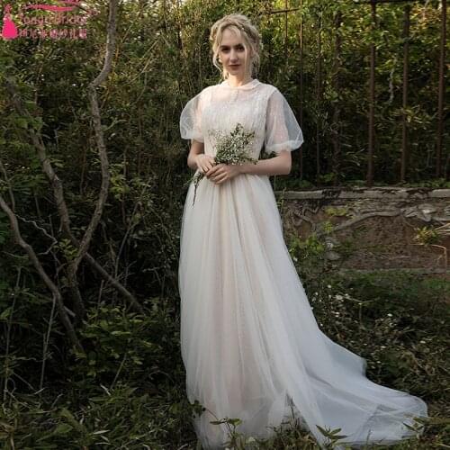 Short Lantern sleeve wedding dress A Line Bridal gowns boho outside vestido de noivas ZW274