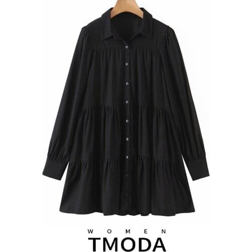 TMODA1737 2021 Autumn Winter Fashion Women Black Mini Shirt Dress Office Ladies Long Sleeve Classic Loose Short Dress Female