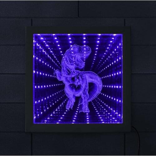 Horrific T-Rex 3D LED Infinity Mirror Frame Jurassic Dinosaur Decor Tunnel of Light Tyrannosaurus Optical Illuminated Mirror