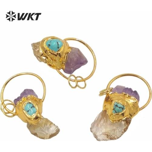 WT-P1602 Wholesale Causal Style Crystal Boho Stone Pendant Natural Raw Stone Quartz Bohemian Style Pendant With Big Ring