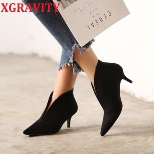 XGRAVITY New 2021 V Cut Ladies Boots Fashion High Heel Pumps Sexy Ladies Ankle Boots Fashion Women Short Boots Lady Shoes Girls