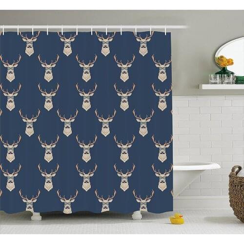 Deer Shower Curtain Hipster Inspired Deer with Antlers Glasses Mustaches Funny Animal Pattern Vintage Fabric Bathroom Decor