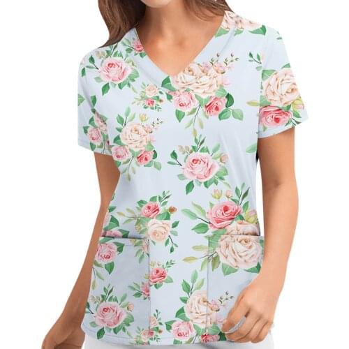 Beauty Salon Women Short Sleeve V-Neck Rose Floral Print Blouse Hospital Care Workers Tops With Pockets медицинская одежда A40