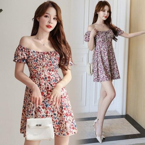 Summer Dress Women 2021 New Lace-Up Puff Sleeves Slim Waist Floral Short Skirt French Casual Retro Dresses Girl Sexy Midi Skirts