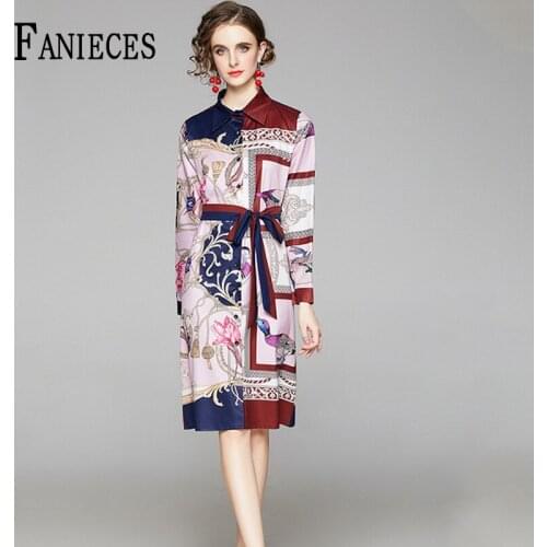 Womens Spring Elegant Runway Shirt Dress Lace Up Robe Femme 2021 Office Lady Button Floral Autumn Long Sleeve Midi Dresses