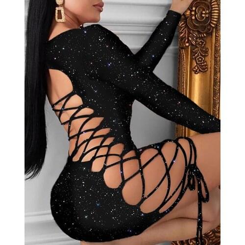 2020Sexy Women Sequines Party Dress Hollow Out Bandage Black Mini Dress Lace Up Long Sleeve Lady Dresses Slim Female Sundress
