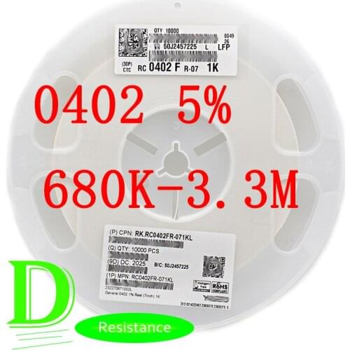 100PCS SMD Resistor 0402 5% RC0402JR-07 Series 680K 750K 820K 910K 1M 1.1M 1.2M 1.3M 1.5M 1.6M 1.8M 2M 2.2M 2.4M 2.7M 3M 3.3M