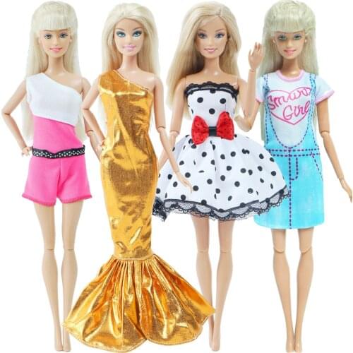 4 Pcs Fashion Daily Wear Casual Outfit Rainbow Dress Gold Party Gown Dollhouse Accessories Clothes for Barbie Doll Kids Toy
