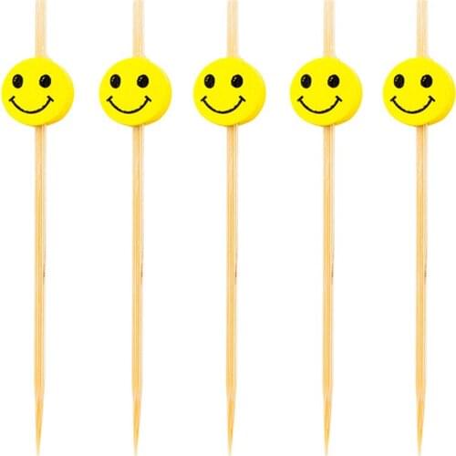 Free Shipping - Party Suppliers Disposable Tableware, 120mm Cocktail Smiley Face Bamboo Pick Fruit Skewer, 100/Pack