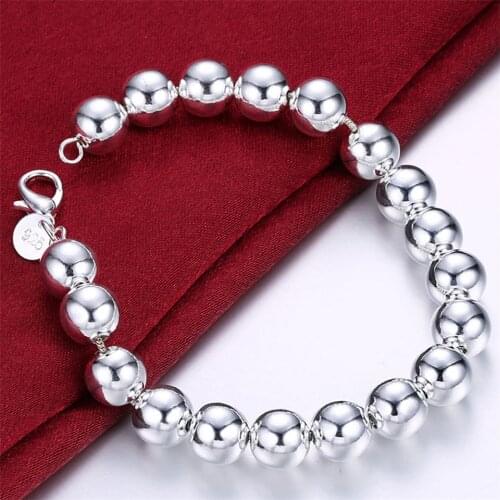 NEW 925 Sliver 10MM Solid Beads Bracelet For Women&Men Charm Link Anniversary Gift Daily Party Accessories